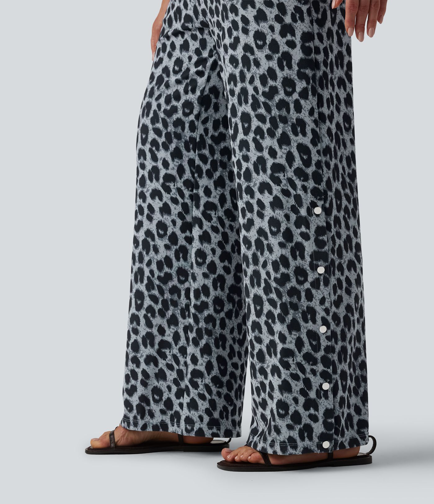 Mid Rise Drawstring Wide Leg Leopard Print Waffle Casual Trousers with Pockets