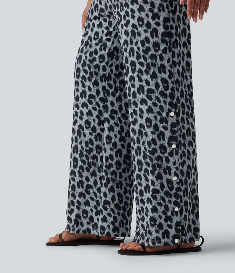 Mid Rise Drawstring Wide Leg Leopard Print Waffle Casual Trousers with Pockets