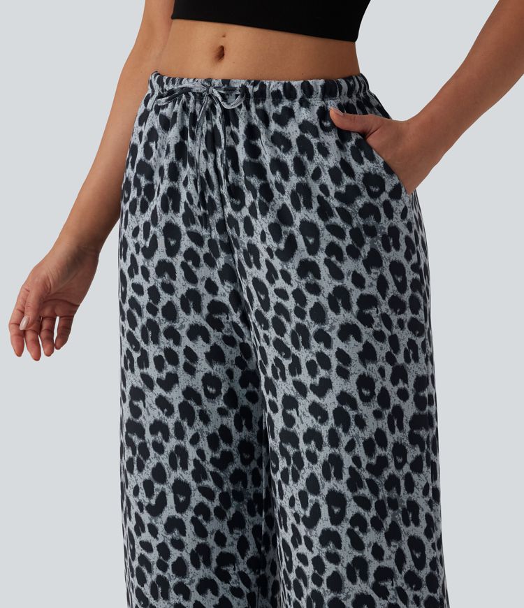 Mid Rise Drawstring Wide Leg Leopard Print Waffle Casual Trousers with Pockets