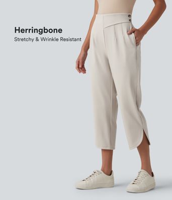 Halara Flex™ Pantalones cropped de trabajo de talle alto, corte entallado, dobladillo curvo y tejido espiga, con bolsillos.