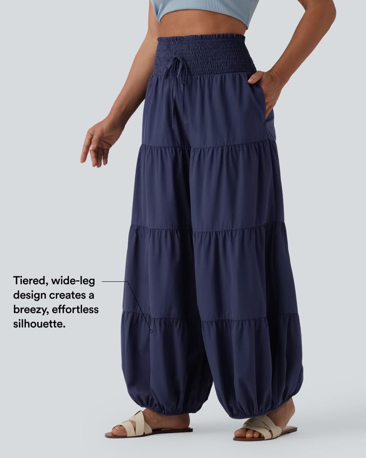 Breezeful™ hoch taillierte, geraffte Bloomers-Hose mit Knoten und fassförmigem Bein, schnell trocknend, mit Taschen