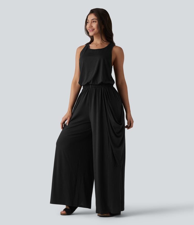 Sleeveless Cut Out Wide Leg Casual Jumpsuit with Pockets-Easy Peezy Edition