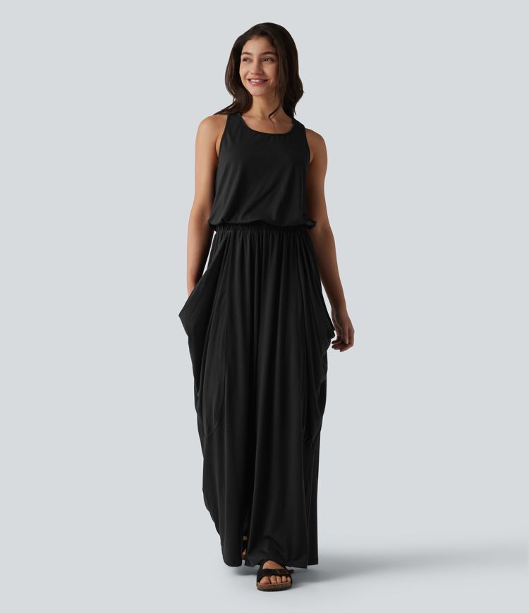 Sleeveless Cut Out Wide Leg Casual Jumpsuit with Pockets-Easy Peezy Edition