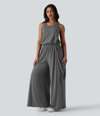 Sleeveless Cut Out Wide Leg Casual Jumpsuit with Pockets-Easy Peezy Edition