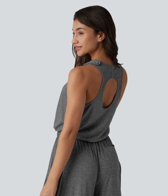 Sleeveless Cut Out Wide Leg Casual Jumpsuit with Pockets-Easy Peezy Edition