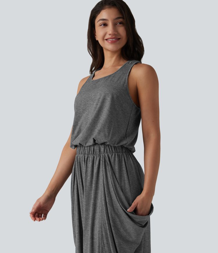 Sleeveless Cut Out Wide Leg Casual Jumpsuit with Pockets-Easy Peezy Edition
