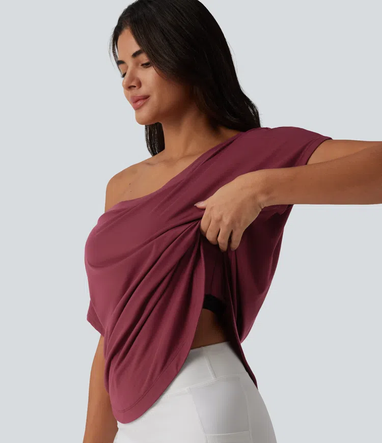 Yoga-Sport-Top mit kurzen Ärmeln, integriertem BH, One-Shoulder-Design und abgerundetem Saum - schnelltrocknend