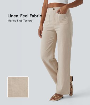 High Waisted Straight Leg Casual Linen-Feel Pants with Pockets