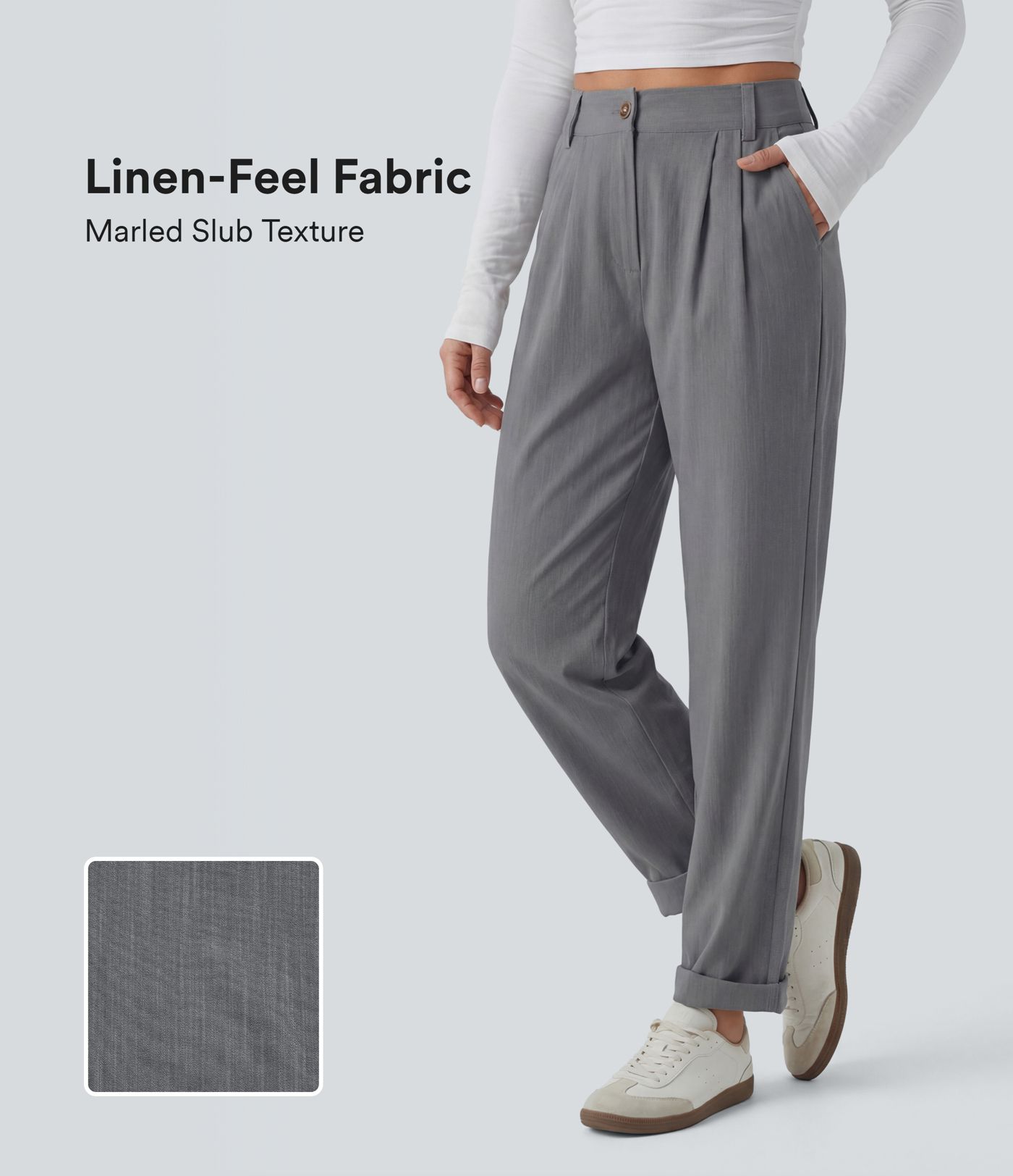 Mid Rise Casual Linen-Feel Pants with Pockets