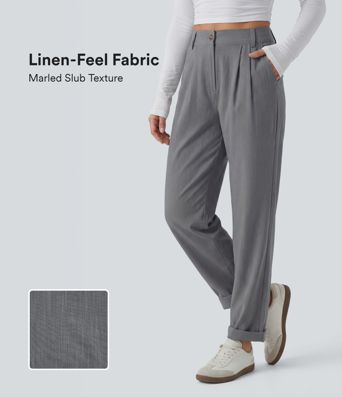 Mid Rise Casual Linen-Feel Pants with Pockets