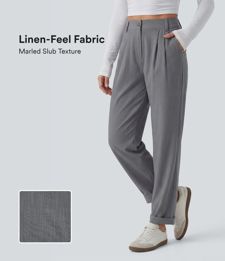 Mid Rise Casual Linen-Feel Pants with Pockets