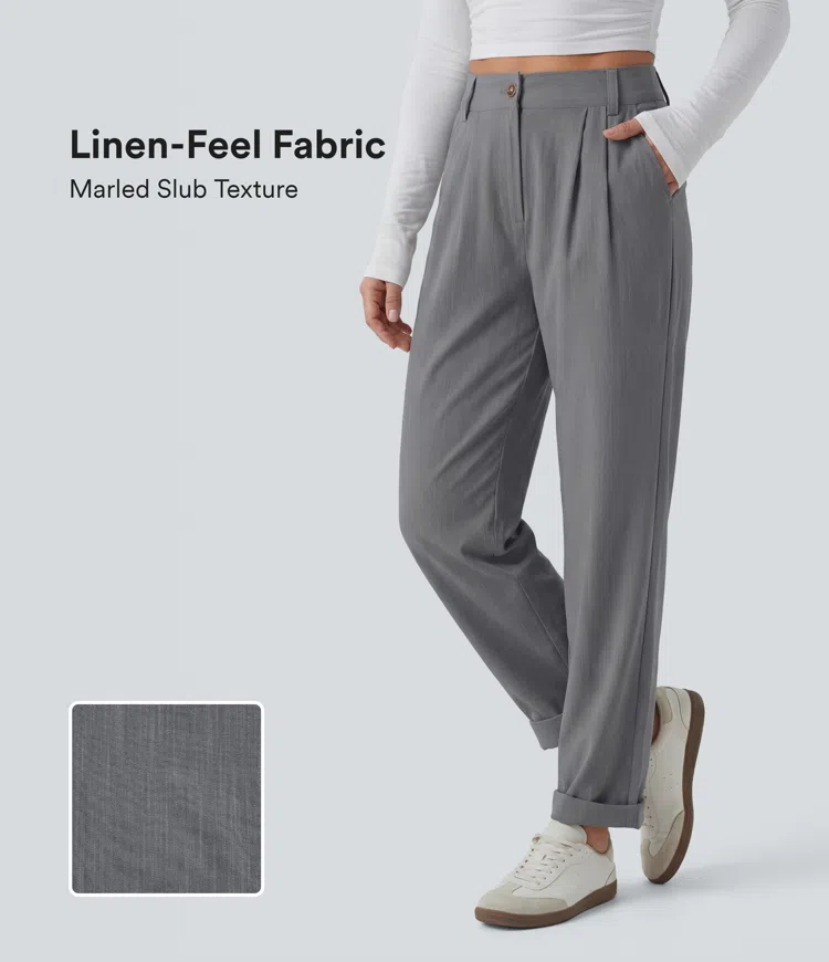 Obsidian Weave Mid Rise Casual Linen-Feel Pants with Pockets / 1