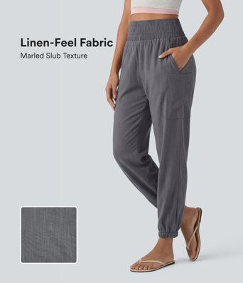 High Waisted Shirred Tapered Casual Linen-Feel Joggers with Pockets