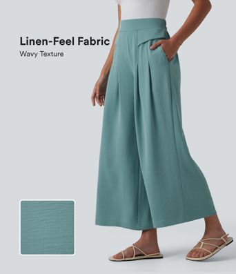 Pantalon large taille mi-haute effet lin décontracté avec poches