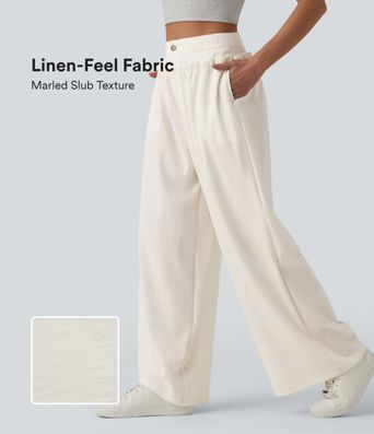 Lässige Baggy-Hose in Leinenoptik mit hohem Bund, Seitentaschen und Rüschendesign