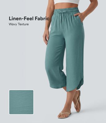 High Waisted Drawstring Curved Hem Cropped Casual Linen-Feel Pants with Pockets