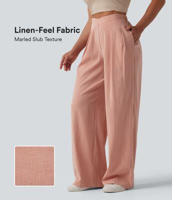 High Waisted Crossover Wide Leg Casual Linen-Feel Pants with Pockets