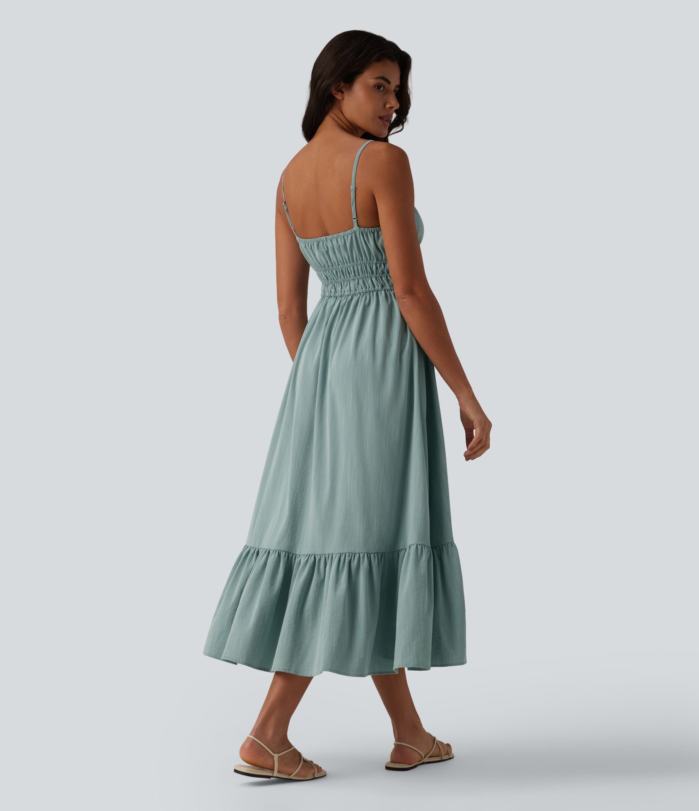 Tie Front Flowy Midi Casual Linen-Feel Slip Dress