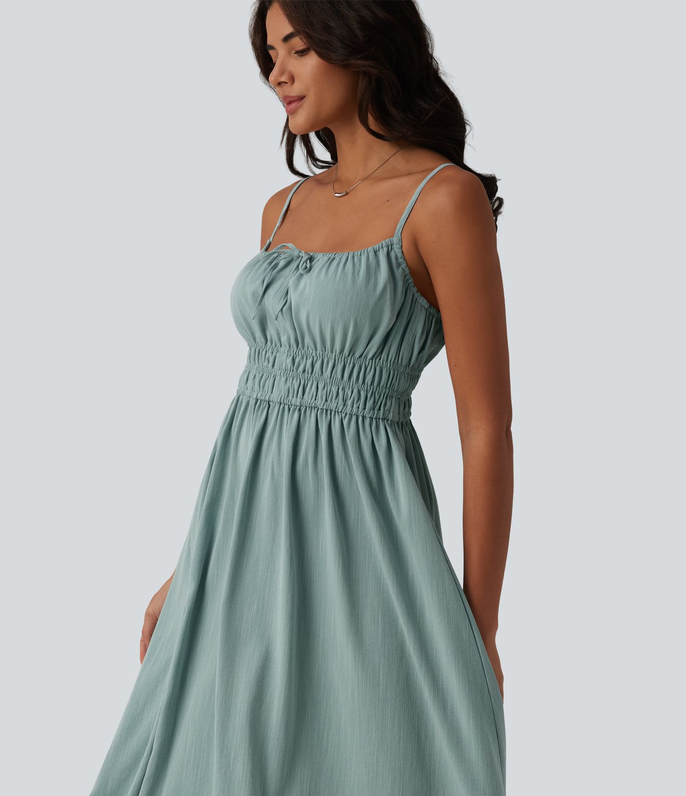 Tie Front Flowy Midi Casual Linen-Feel Slip Dress