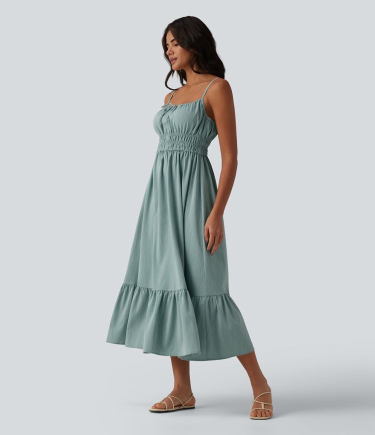 Tie Front Flowy Midi Casual Linen-Feel Slip Dress