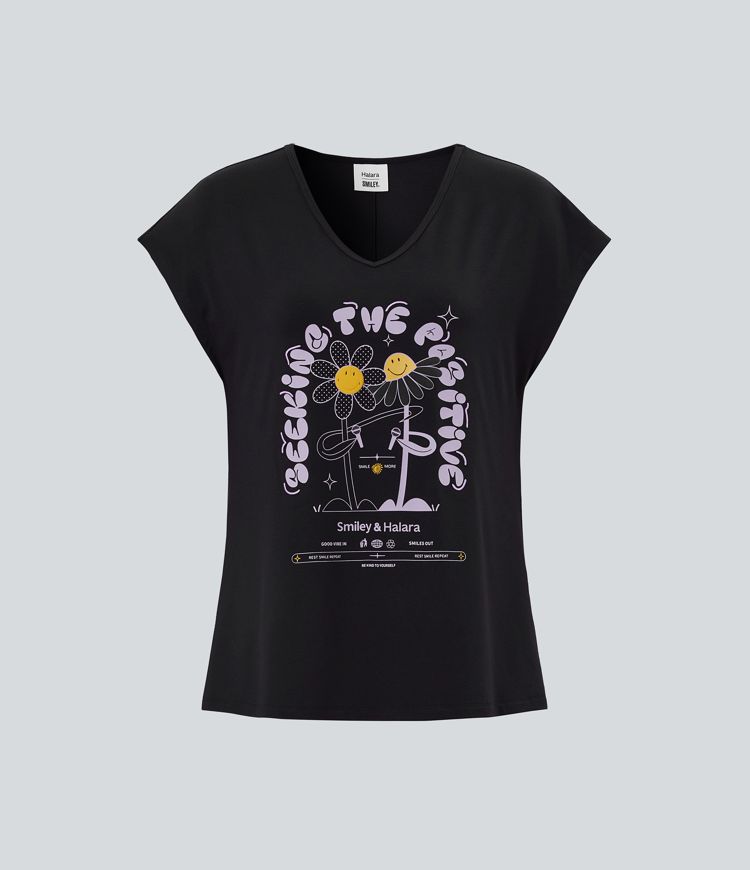 Halara X Smiley V Neck Short Sleeve Casual T-Shirt
