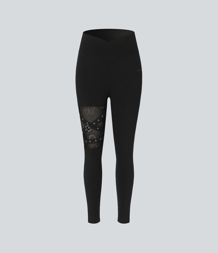 Halara X Smiley Halara UltraSculpt™ High Waisted Crossover Contrast Mesh Decorative Buckle Yoga Leggings