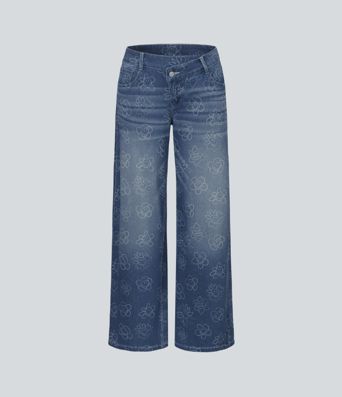 Halara X Smiley® Halara Flex™ Asymmetric Low Rise Baggy Wide Leg Washed Casual Jeans with Pockets