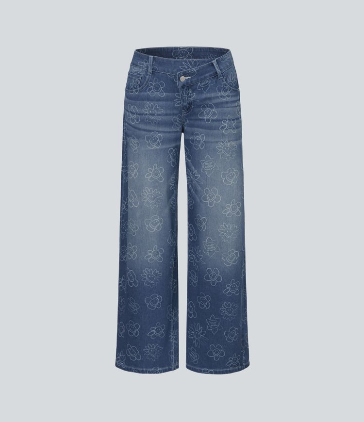 Halara X Smiley® Halara Flex™ Asymmetric Low Rise Baggy Wide Leg Washed Casual Jeans with Pockets