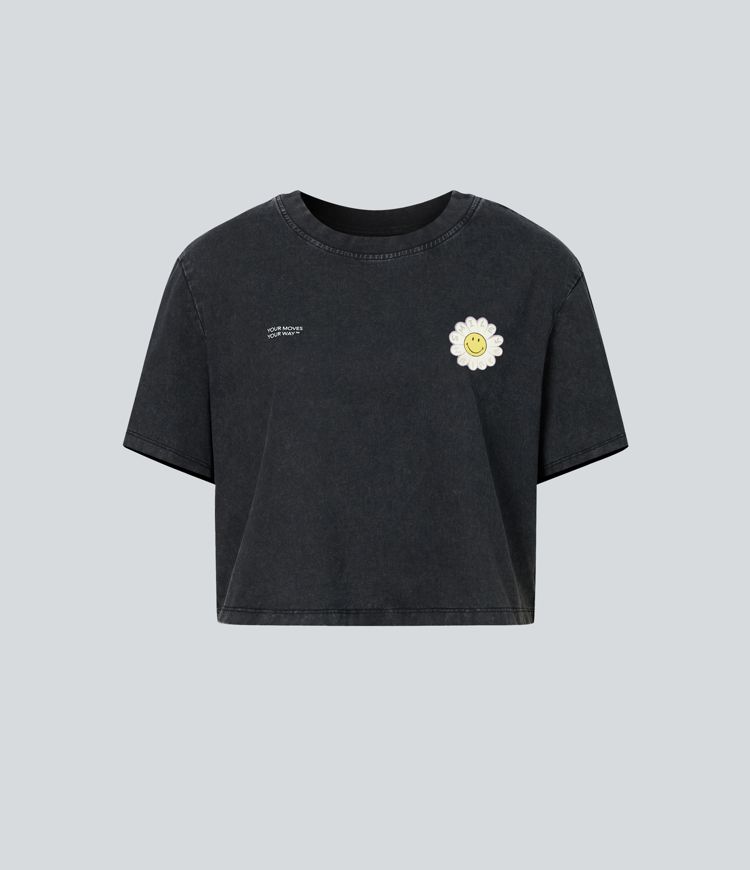 Halara X Smiley Round Neck Short Sleeve Washed Casual Cotton T-Shirt