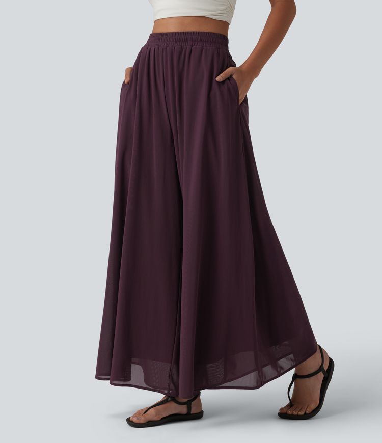 High Waisted Pocket Mesh Overlay Wide Leg Casual Pants High Waisted Pocket Mesh Overlay Wide Leg Casual Pants