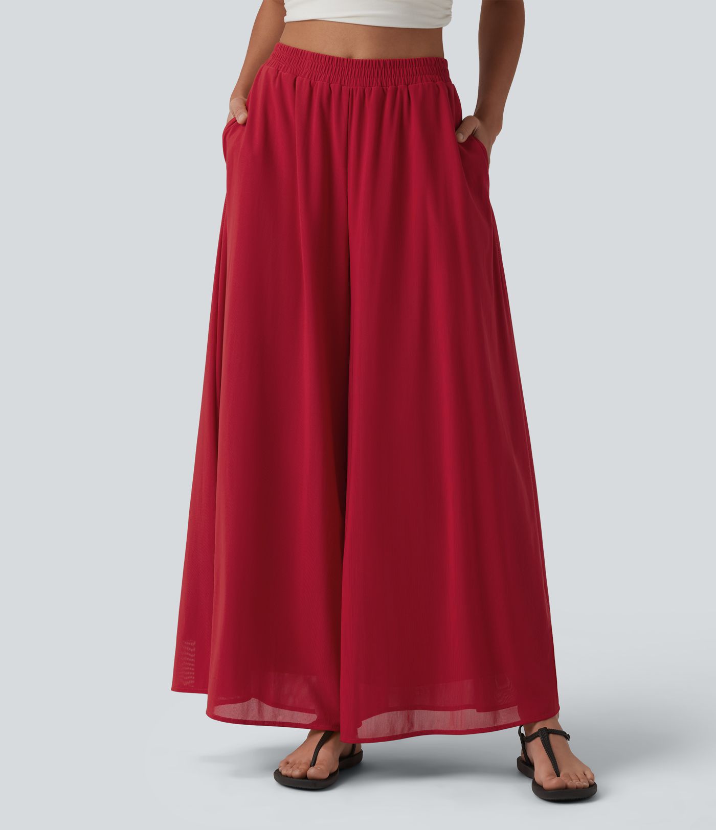 Pantalon fluide et ample avec superposition en mesh, poches latérales et taille haute