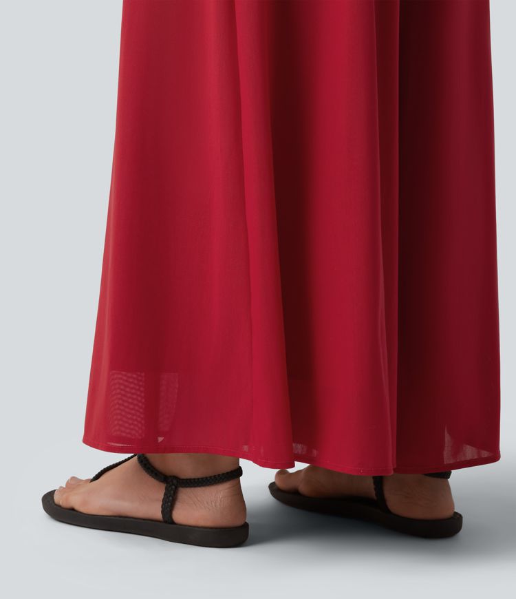 Pantalon fluide et ample avec superposition en mesh, poches latérales et taille haute