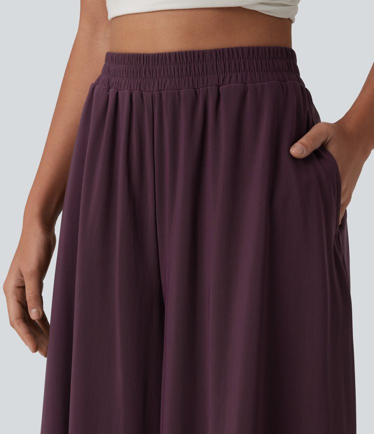High Waisted Pocket Mesh Overlay Wide Leg Casual Pants High Waisted Pocket Mesh Overlay Wide Leg Casual Pants