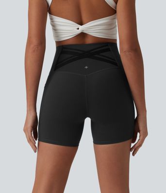 Halara Ultrasculpt™ shorts tipo biker para correr, de talle alto con control abdominal, espalda cruzada, 5'' con bolsillos