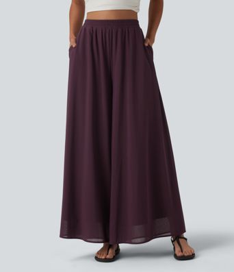 High Waisted Pocket Mesh Overlay Wide Leg Casual Pants High Waisted Pocket Mesh Overlay Wide Leg Casual Pants