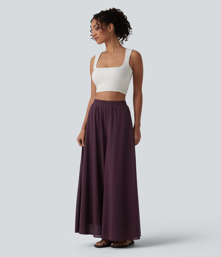 High Waisted Pocket Mesh Overlay Wide Leg Casual Pants High Waisted Pocket Mesh Overlay Wide Leg Casual Pants