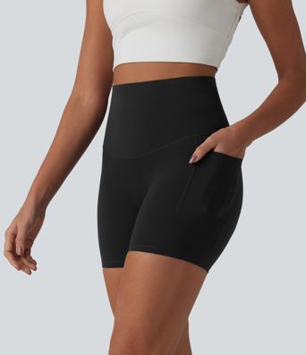 Halara Ultrasculpt™ shorts tipo biker para correr, de talle alto con control abdominal, espalda cruzada, 5'' con bolsillos