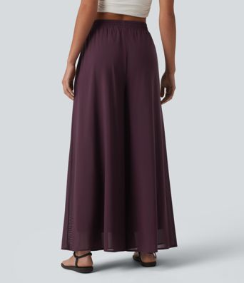 High Waisted Pocket Mesh Overlay Wide Leg Casual Pants High Waisted Pocket Mesh Overlay Wide Leg Casual Pants