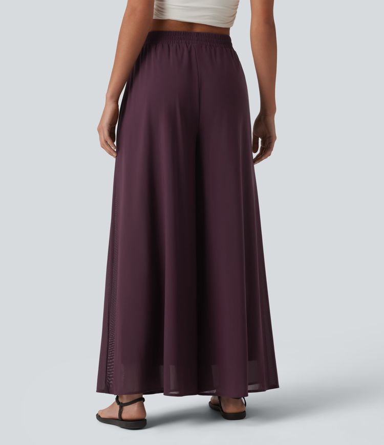 High Waisted Pocket Mesh Overlay Wide Leg Casual Pants High Waisted Pocket Mesh Overlay Wide Leg Casual Pants