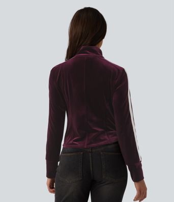 Mock Neck Long Sleeve Stripe Velvet Casual Jacket