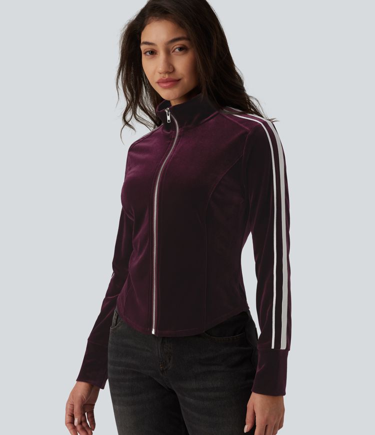 Mock Neck Long Sleeve Stripe Velvet Casual Jacket