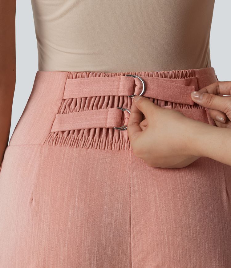 Adjustable Super High Waisted Shirred Wide Leg Casual Linen-Feel Trousers with Pockets