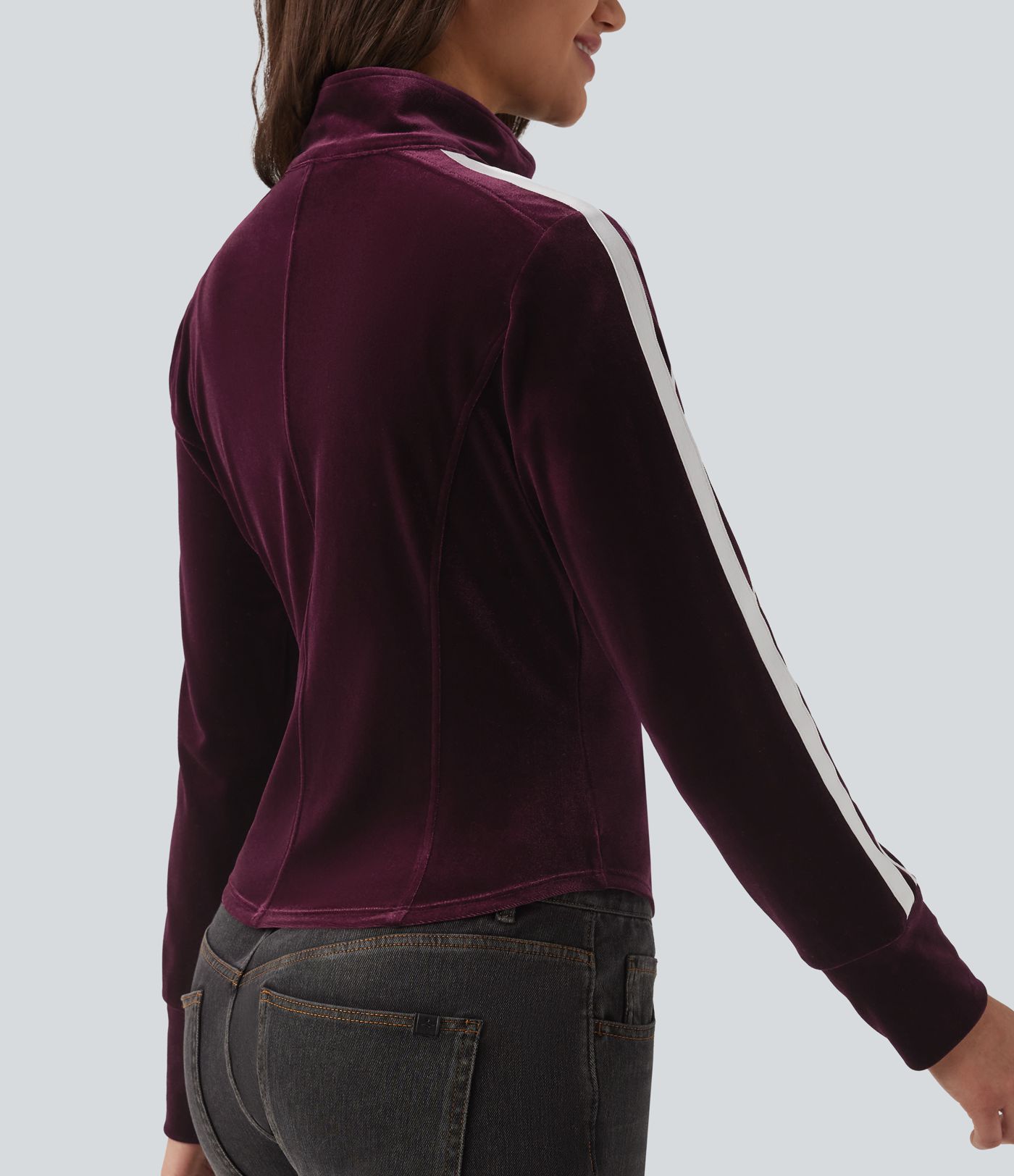 Mock Neck Long Sleeve Stripe Velvet Casual Jacket