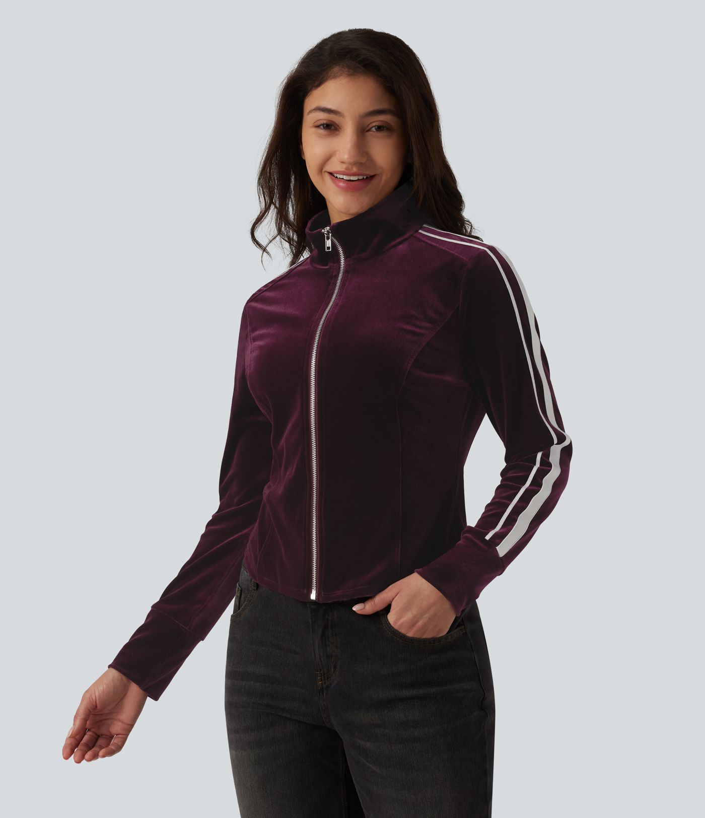 Mock Neck Long Sleeve Stripe Velvet Casual Jacket