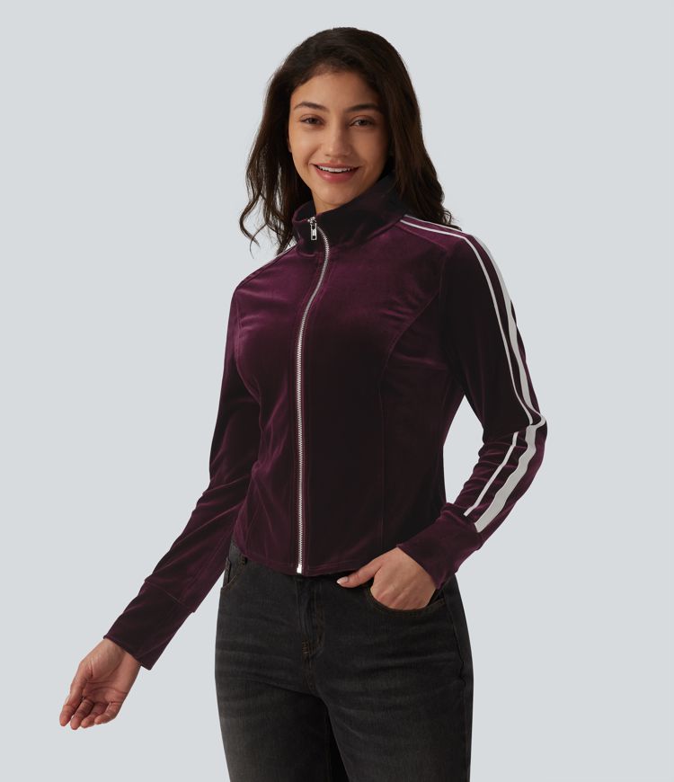 Mock Neck Long Sleeve Stripe Velvet Casual Jacket