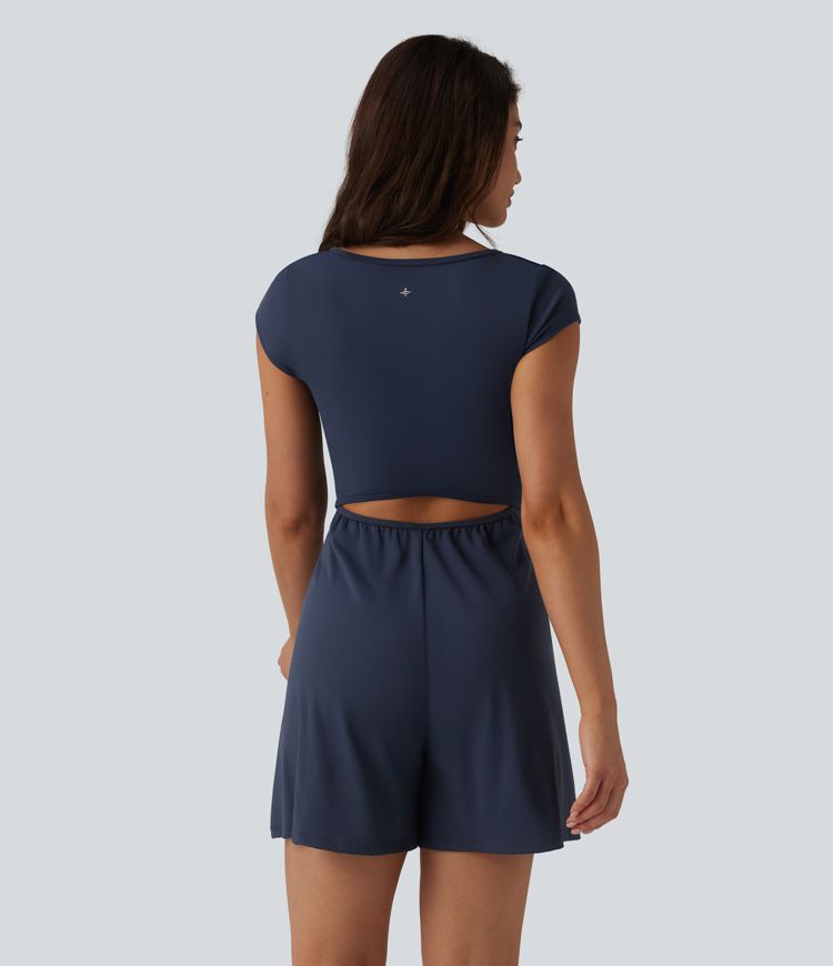 SoftlyZero™ Airy Short Sleeve Wide Leg Cool Touch Yoga Romper with Pockets-Easy Peezy Edition