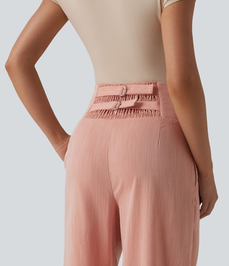Adjustable Super High Waisted Shirred Wide Leg Casual Linen-Feel Trousers with Pockets