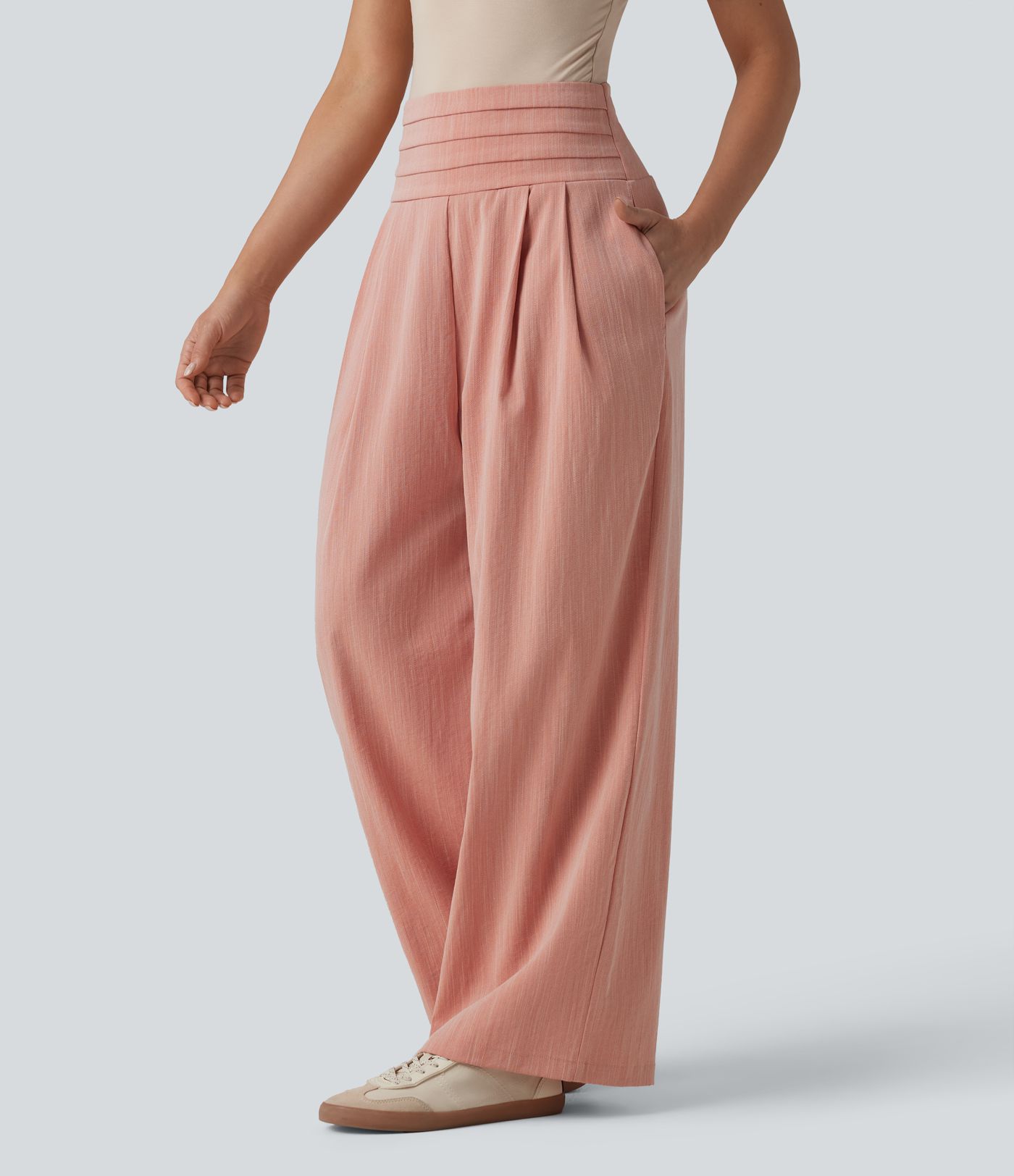 Adjustable Super High Waisted Shirred Wide Leg Casual Linen-Feel Trousers with Pockets