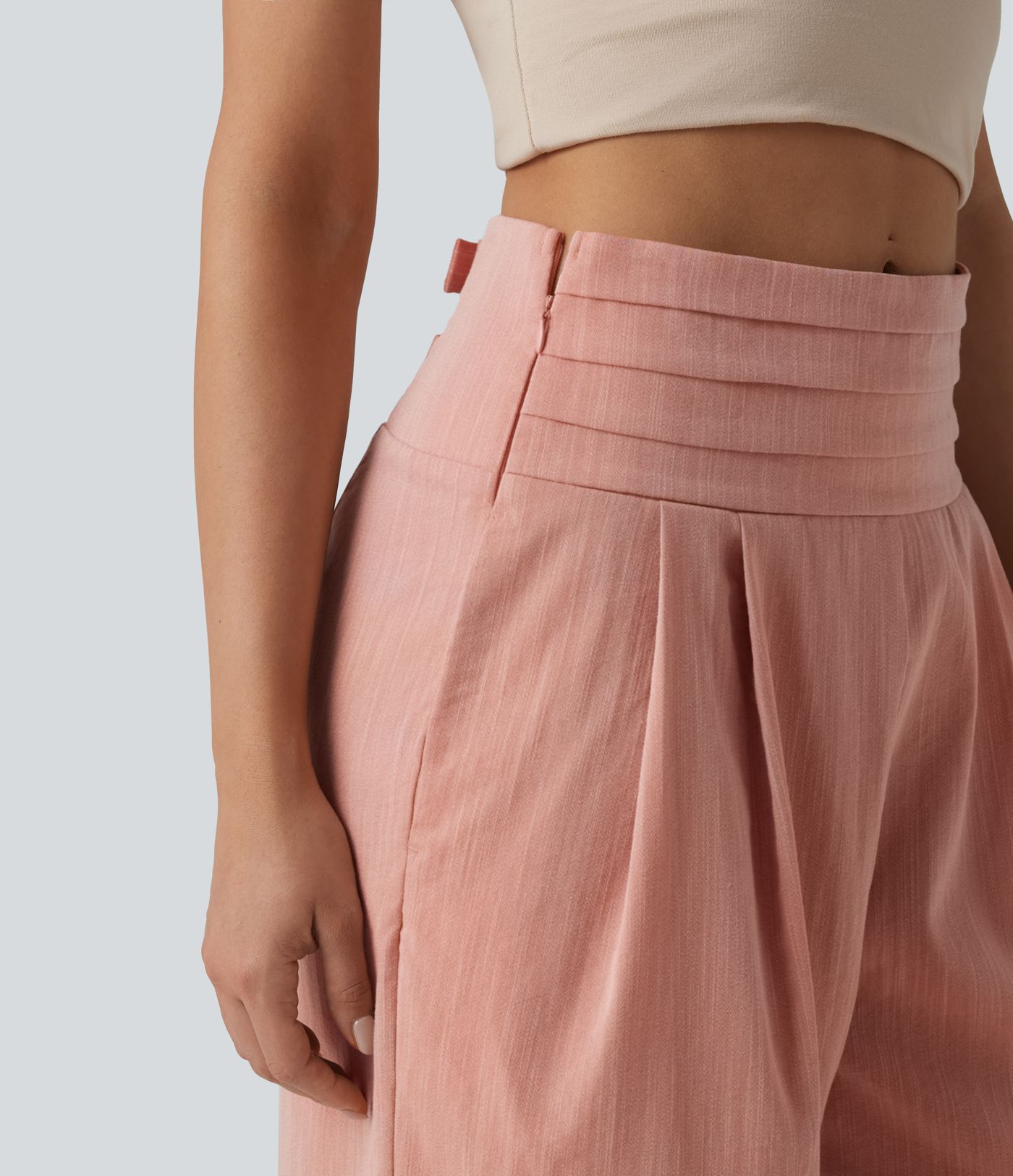 Adjustable Super High Waisted Shirred Wide Leg Casual Linen-Feel Trousers with Pockets