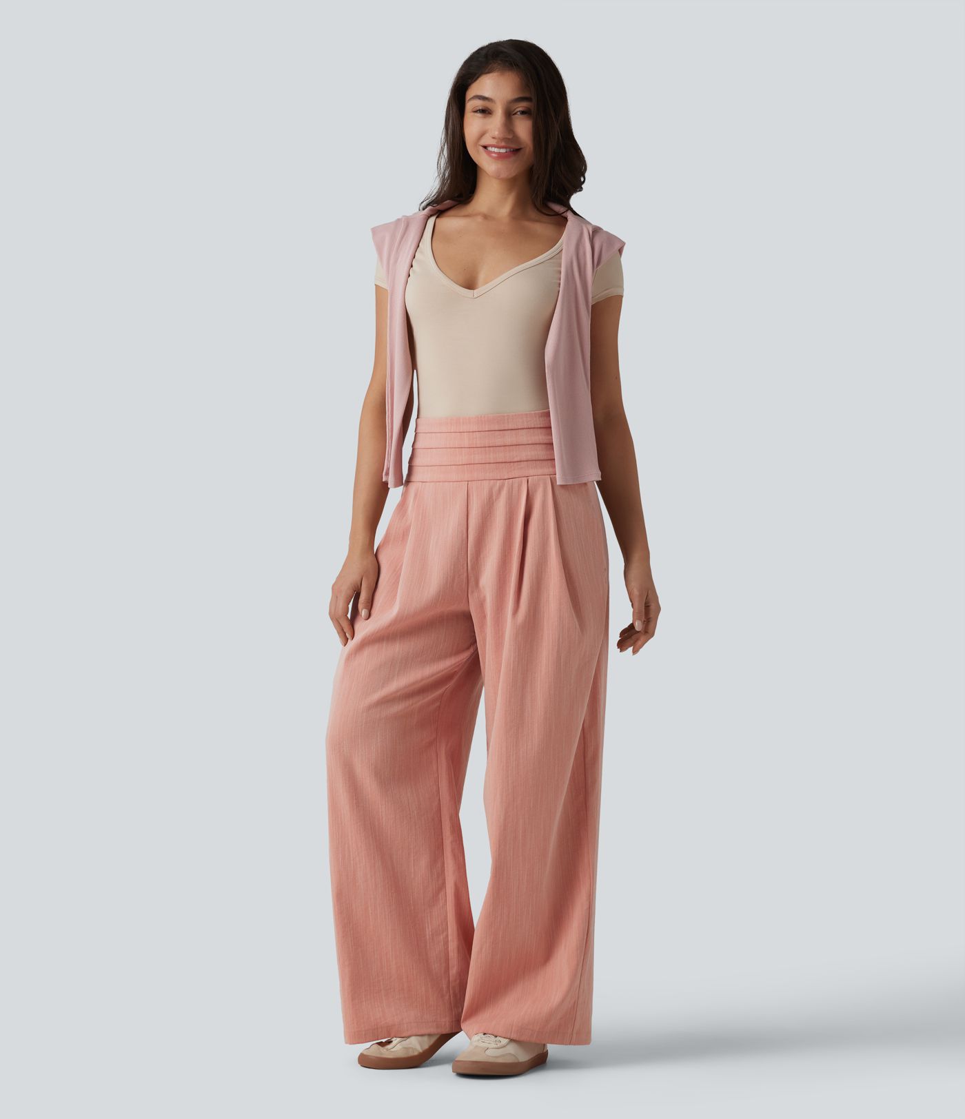 Adjustable Super High Waisted Shirred Wide Leg Casual Linen-Feel Trousers with Pockets